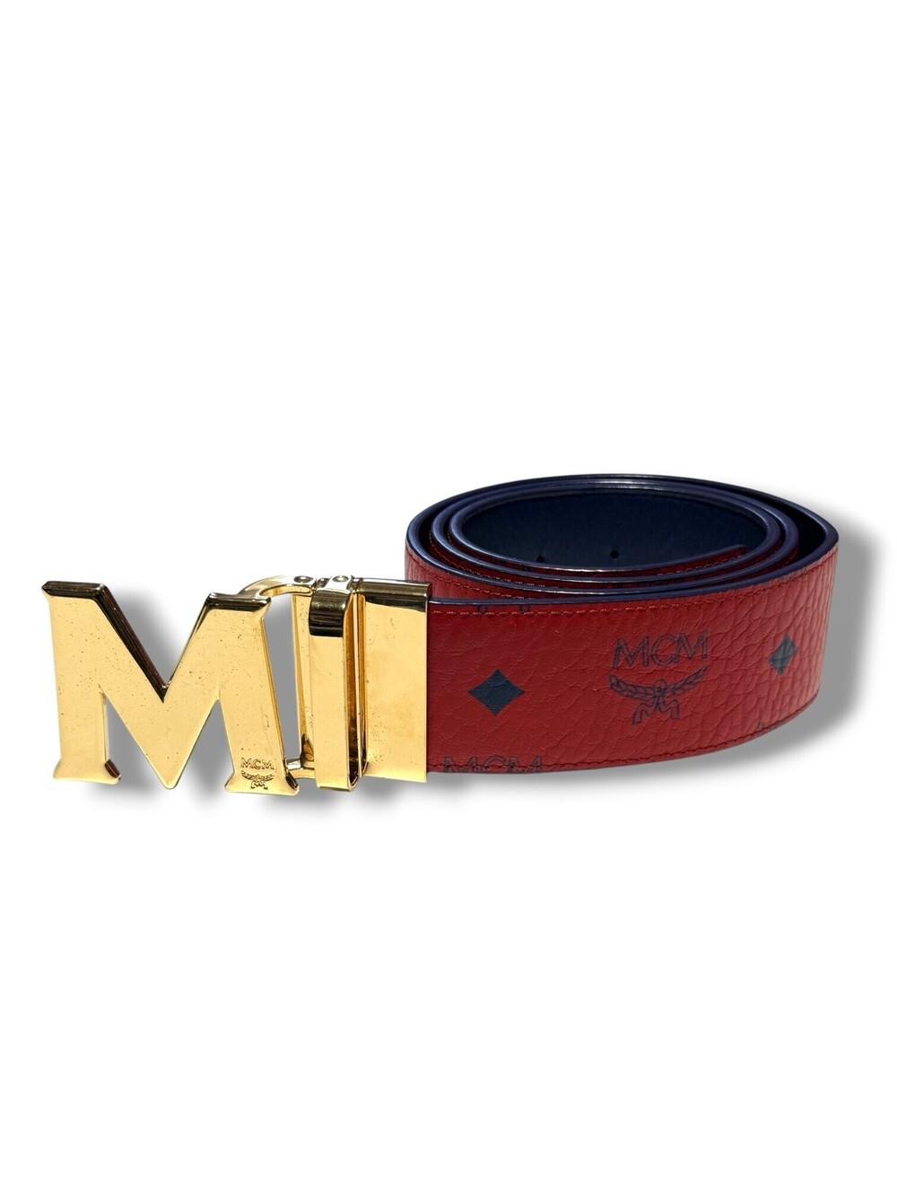 MCM Men's Monogram Logo Reversible Red/Blue Adjustable Belt Gold Tone M Buckle